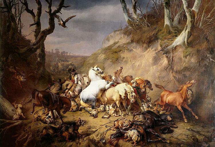 Eugene Verboeckhoven Hungry Wolves Attacking a Group of Horsemen oil painting picture